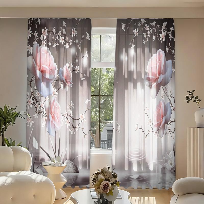 2Pcs Pink Grey Magnolia Floral Print Curtains, Polyester Rod Pocket Digital Print Semi-Transparent Curtains, Multi-Size Options