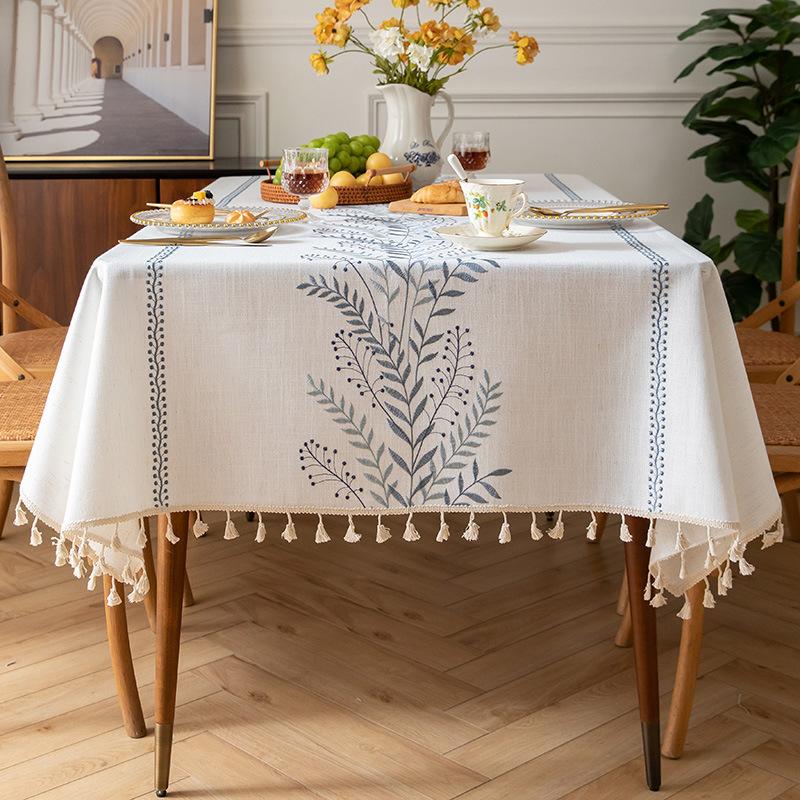 Rustikale Tischdecke aus Baumwolle und Leinen, Schwergewichtige Sticktischdecke für Rechteck, Bauernhaus-Tischdecke mit Quasten, spritzwassergeschützt