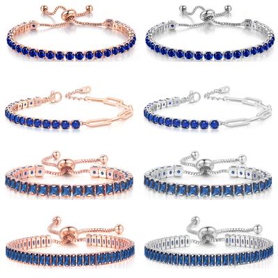 Trendy Blue Crystal Adjustable Tennis Bracelets for Unisex Women Men Various Shapes Iced Out CZ Short Chain On Hand Jewelry