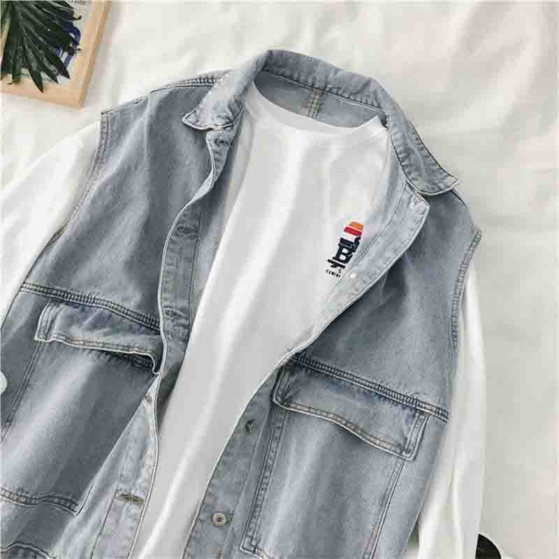 Women Bf Wind Spring Denim Vest Loose All-match Korean Sleeveless Waistcoat Overalls Casual Coat Solid Color