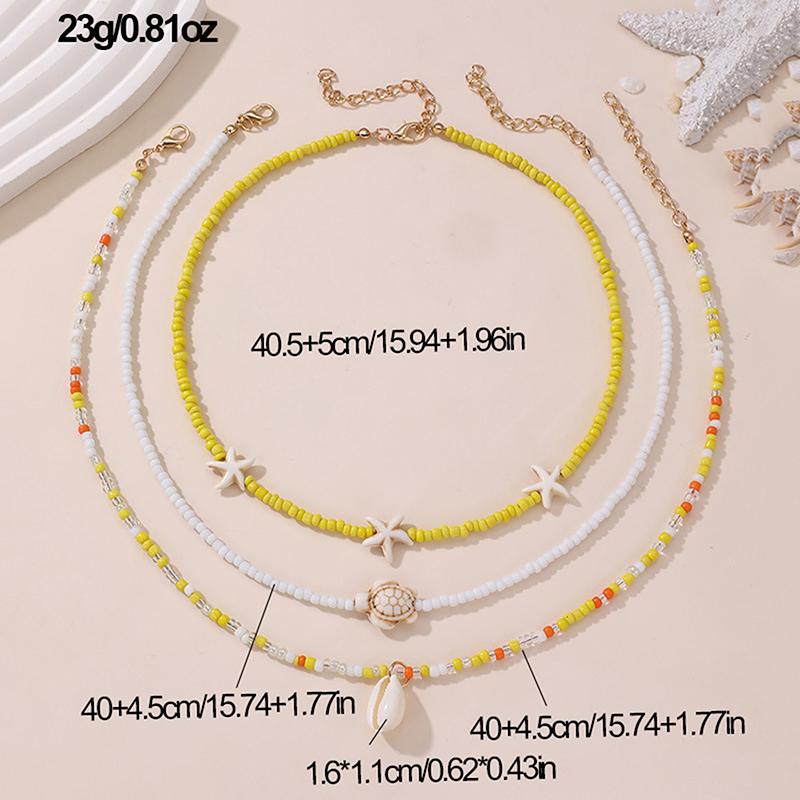 Bohemian Multilayer Rice Bead Chain Clavicle Necklace Vintage Acrylic Turtle Starfish Shell Pendant Choker Women'S Beach Jewelry