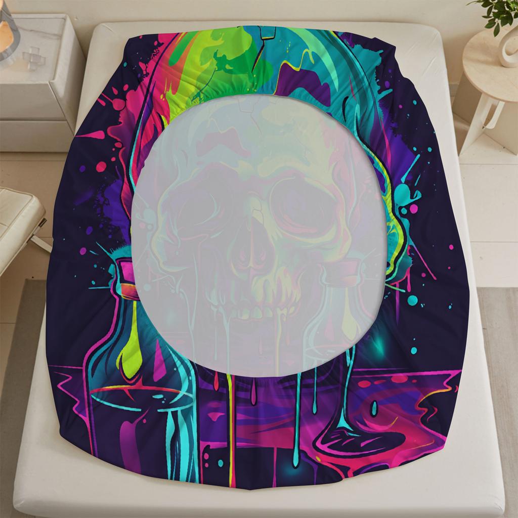 3pcs Fitted Sheet Set Skull 3D Printed Colorful Drip Paint Breathable Easy Care Bed Sheet With Pillowcases For Bedroom Decor