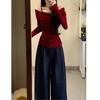 Pure Lust Style Sweet Fake Two-piece One-shoulder Bottoming Shirt for Women Autumn New Slim Fit Design Off-shoulder Top