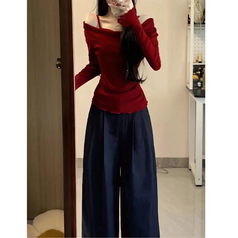 Pure Lust Style Sweet Fake Two-piece One-shoulder Bottoming Shirt for Women Autumn New Slim Fit Design Off-shoulder Top