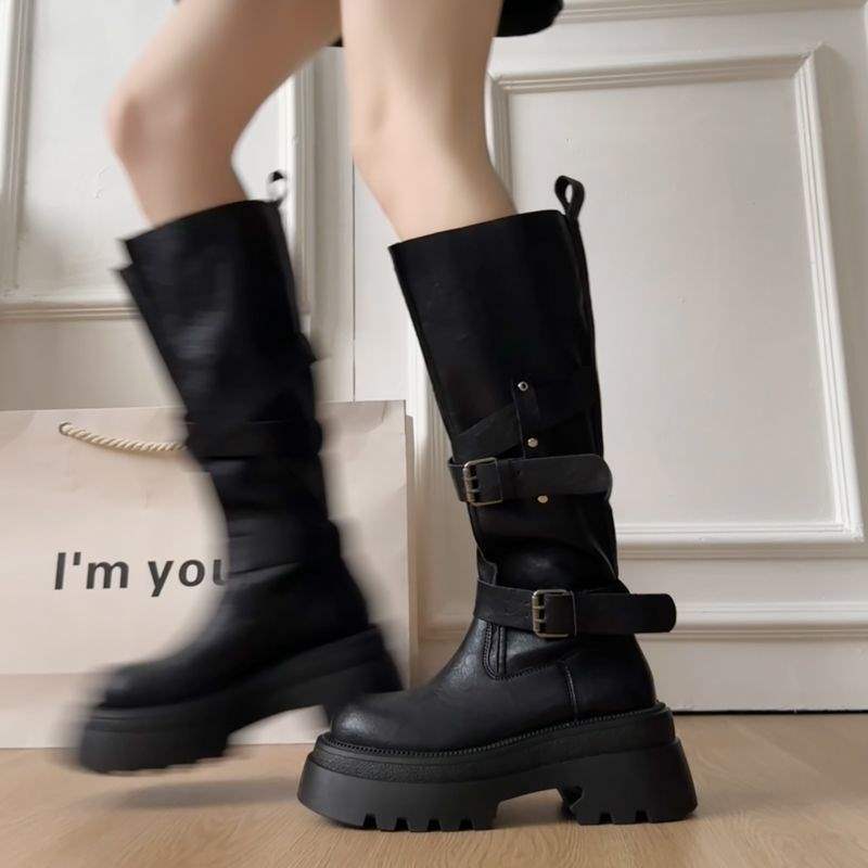 Versatile retro belt buckle 2025 boots autumn new small thick-soled heightening knight boots long boots women