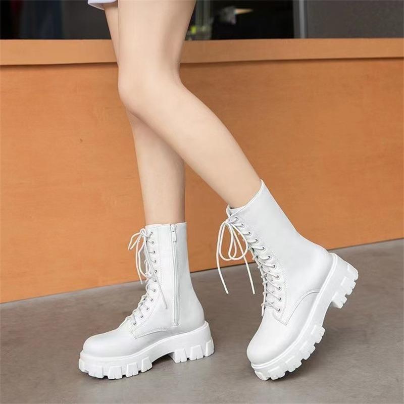 Fashion Women's Boots Fashion High-top Leather Boots Lace Up Platform Boot Side Zipper Ankle Boots for Women Motorcycle Boot Botas Mujer
