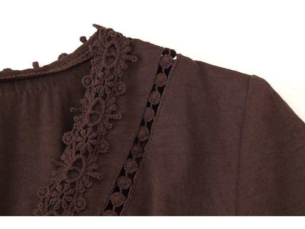 Women's European American Lace Trim V-Neck Long Sleeve Dress