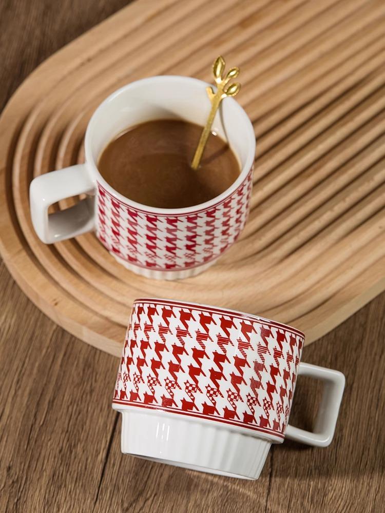 Nordic Houndstooth Ceramic Mug – Retro Coffee Cup with Handle, Spoon Classic Pattern, 400ml