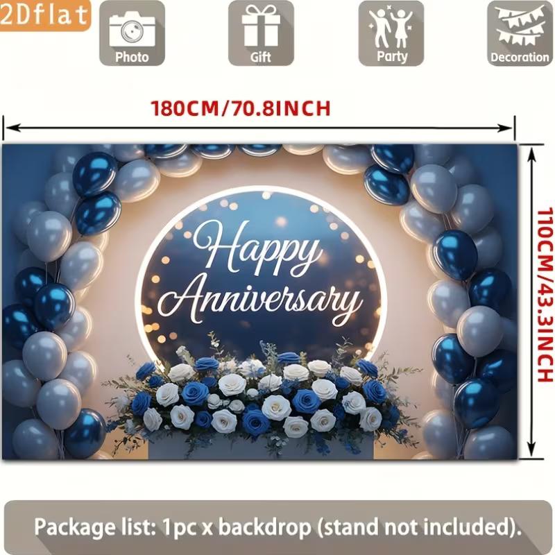 2D Elegant Blue Silver Happy Anniversary Backdrop Balloon and Flower Party Background