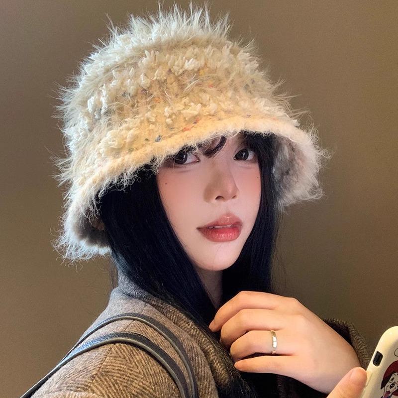 Sweet long brushed mohair knitted hat women's autumn and winter warm colored beanie striped plush fisherman hat