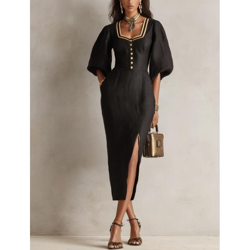 2026 European and American new commuter solid color V-neck button dress S чёрный