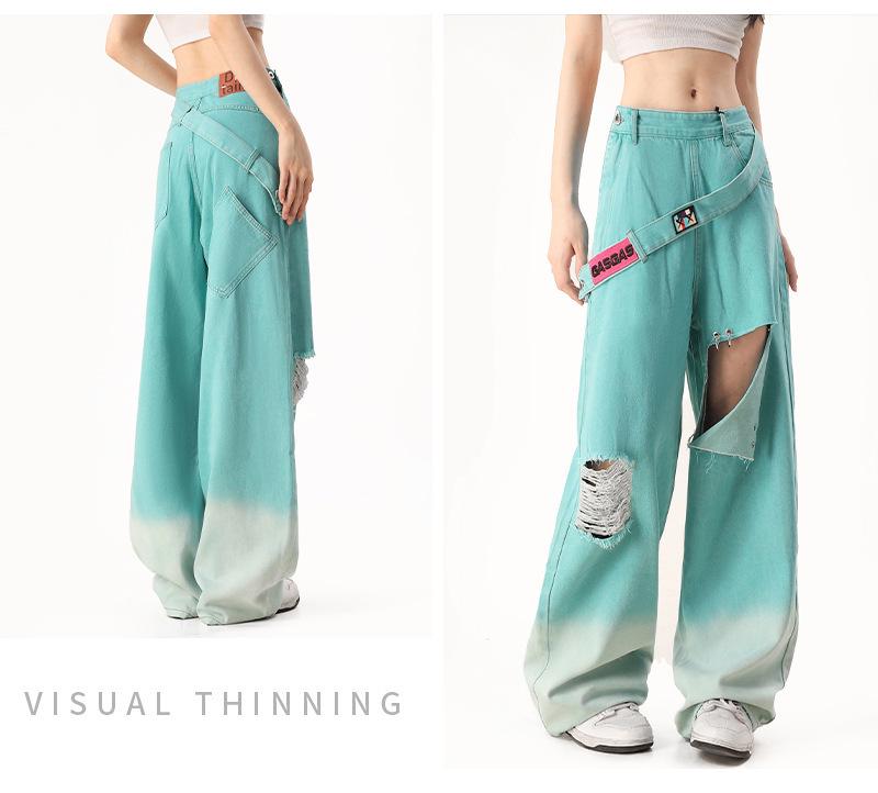 Damen Sommer Retro Mintgrüne Weitbeinige Zerrissene Jeans