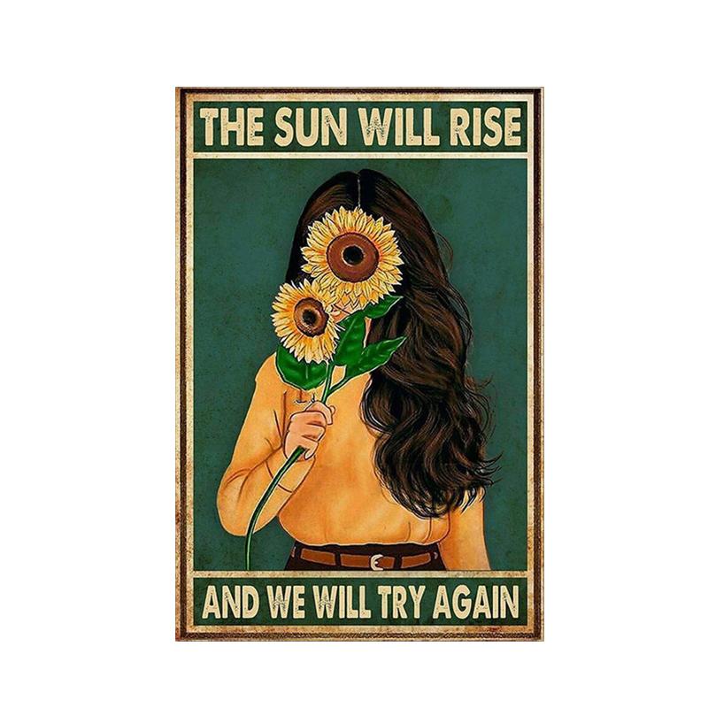 Retro Art Abstract Figure Sunflower Girl Posters Prints Fashion Slogan Canvas Painting Wall Picture for Living Room Home Decor