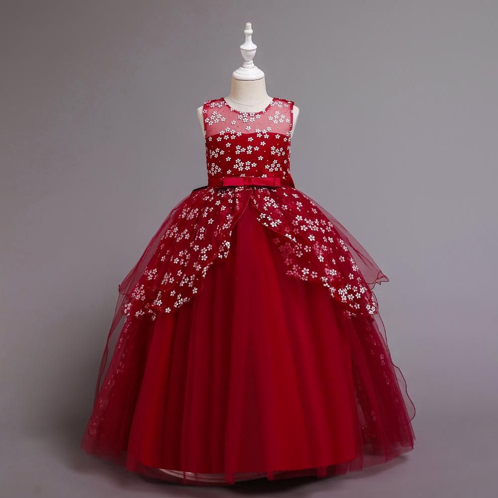 Европейское и американское кружевное цветочное платье-принцесса для девочек с бантом и небольшим шлейфом 130 cm красный