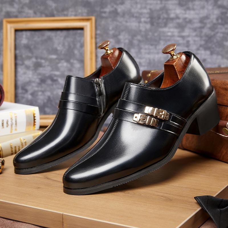 Summer Pointed Cuban Shoes Men's Large Size High Heels Casual Business Dress Leather Shoes Wedding Shoes