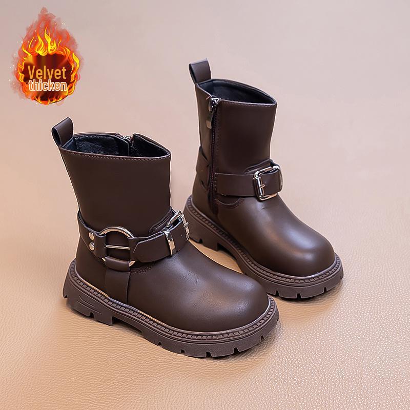 2026 Girls' Two-Layer Leather Winter Boots: Fashionable, Versatile, Warm Short Boots for Middle and Big Kids