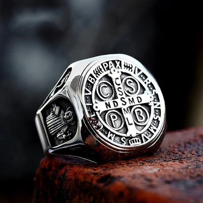 Vintage Exorcism Saint Benedict Cspb Cross Rings for Men Punk Amulet Christianity Rings Stainless Steel Jewelry Gift Wholesale