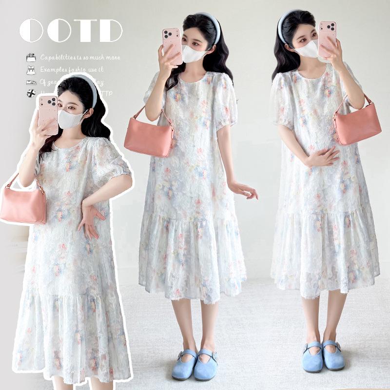 2026 Summer Fresh Korean Style Maternity Dress - Short-Sleeved, Loose Fit, Belly-Covering & Sweet XXL