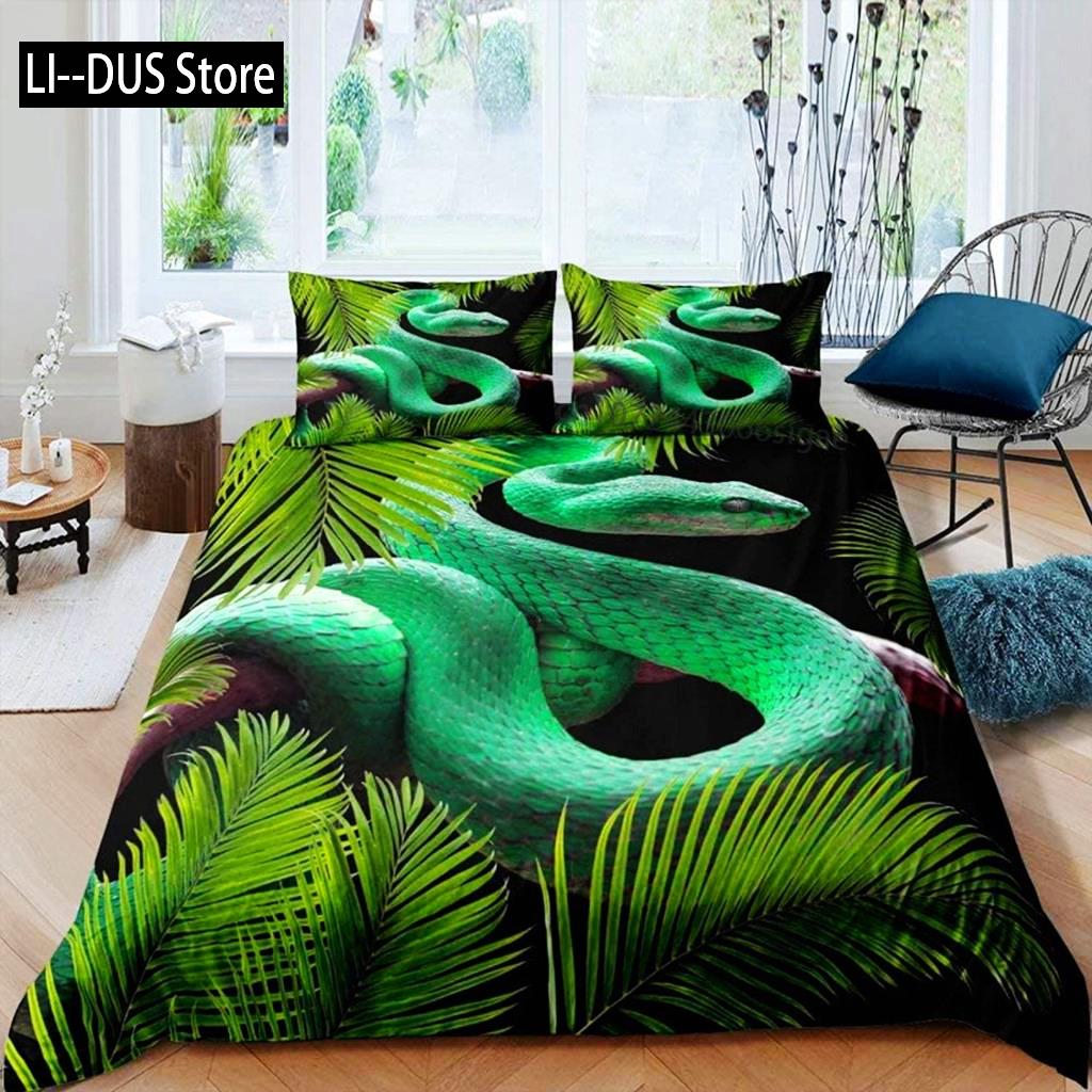 Sada povlaku na peřinu Had Zelená hadí ložní souprava Mikrovlákno Zvířecí téma Ložní prádlo Pro chlapce Muže Dvojitá Queen King Size Povlak na přikrývku