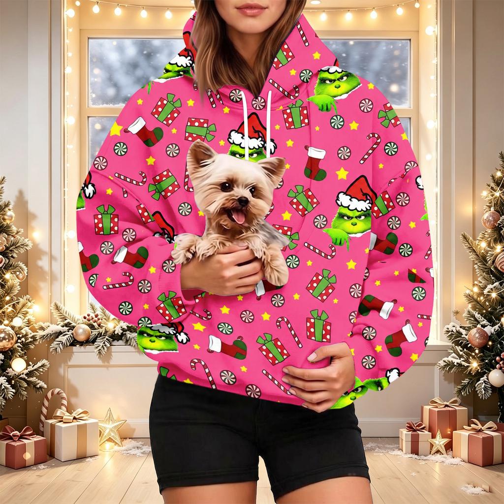 Women's Christmas Print Hoodie with Pet Pocket, Casual Long Sleeve Pullover Sweatshirt