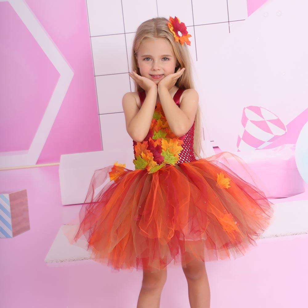 Maple Leaves Princess Dress with Hairpin Tulle Dress Fashion Dance Costumes Girls