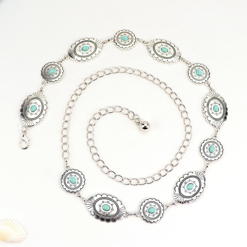 Vintage Turquoise Carved Belt Chain: Fashionable Metal Waist Accessory for Dresses