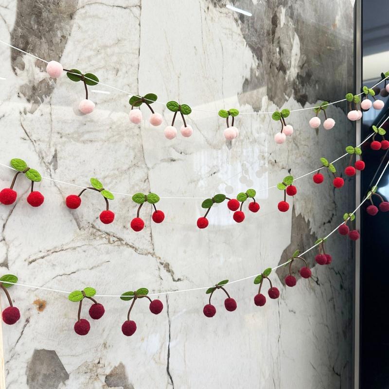 New 1-6PCS Cherry Felt Ball Handmade Garland String Wall Hanging Ornaments Hair Ball Pendant Kids Room Shower Party Favor Decor