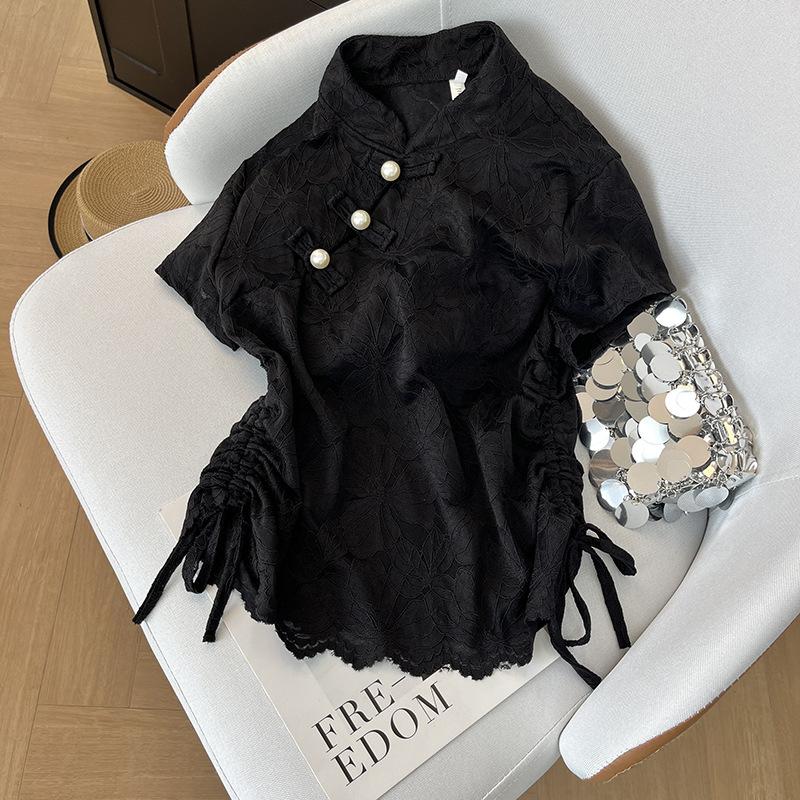 

High-end temperament versatile top women s retro disc buckle diagonal collar perspective short-sleeved T-shirt summer M [Recommended below 50kg] чорний