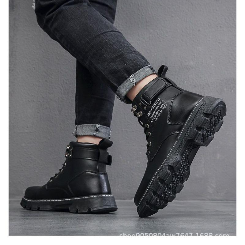 Men's Autumn-Winter Korean Style Mid-High Top Martin Leather Boots, Warm-Lined Thickened Casual Footwear.