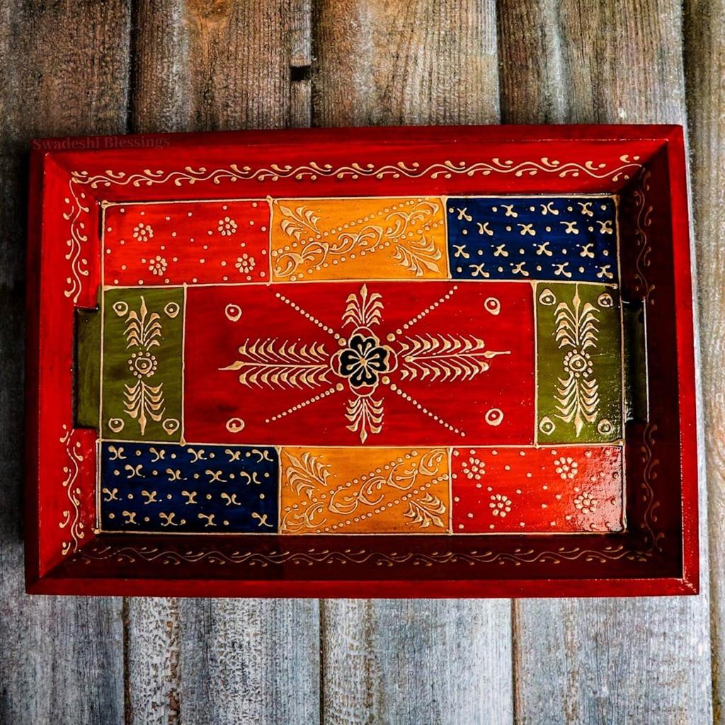 Wooden Tray for Serving- Handcrafted & Hand-Painted for Kitchen/Table & Home Decor/Dinning/Gifts/Restaurants/Living Room/Coffee Table 30Cm