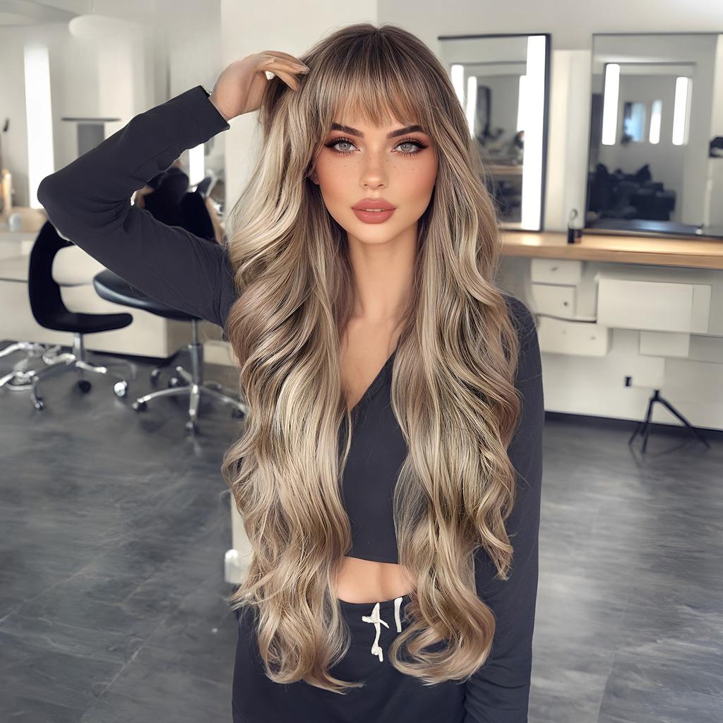 New Women'S Bangs Dark Brown Big Wave Fashion Long Curly Hair Wig Full Hair Wigs
