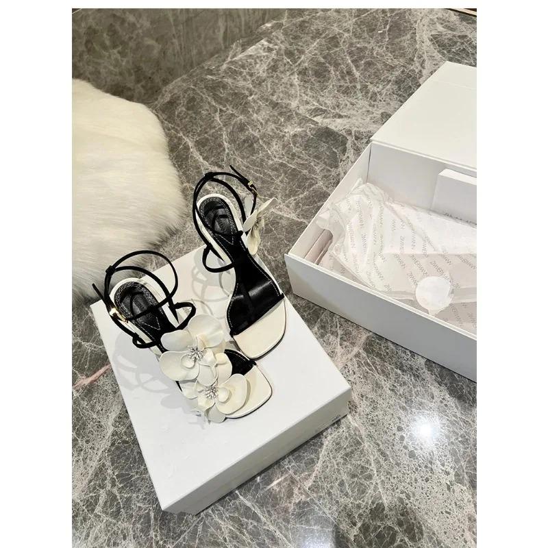 Fashion Flower T-Tied Women's Sandals Square Toe Stiletto Side Air Slingback High Heel One Word Belt Buckle Strap Elegant Shoes Wedding