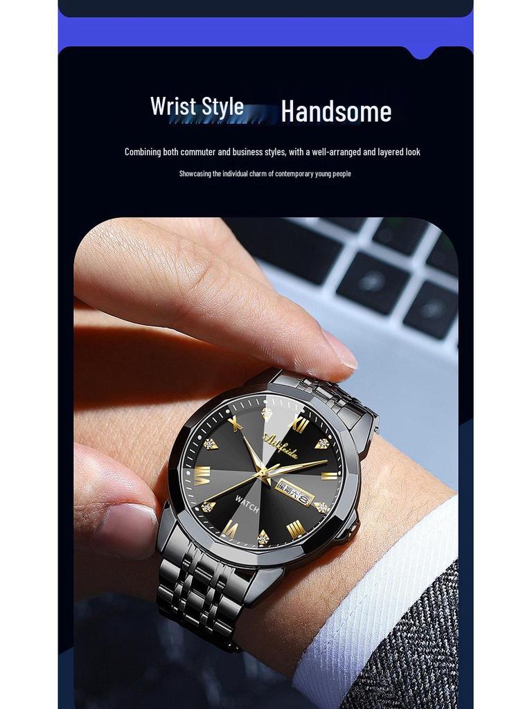 Aili Feida Men's Quartz Watch - Diamond Mirror, Waterproof, Luminous, Calendar, Fashionable