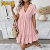 Vestidos Casuais Femininos Moda Verão Primavera Cor Sólida Estampa Decote V Manga Curta