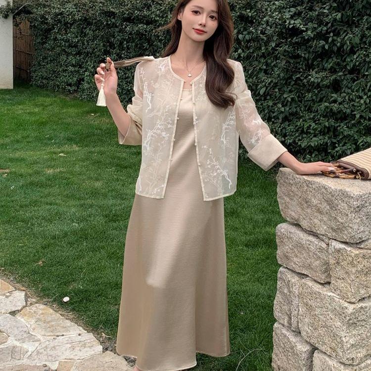Elegant Chinese-Style Camisole Dress & Organza Cardigan Two-Piece Set for Summer.