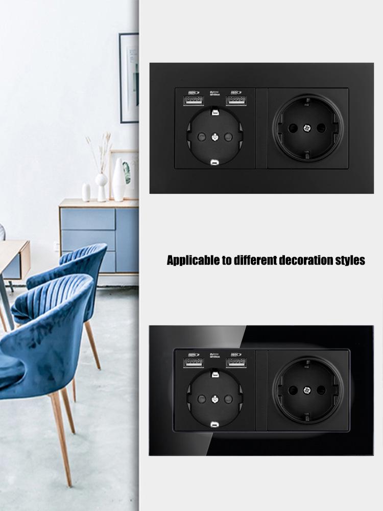 Type 146 Dual USB 16A Two-Gang European Power Socket Panel with German Standard Switch (Concealed)