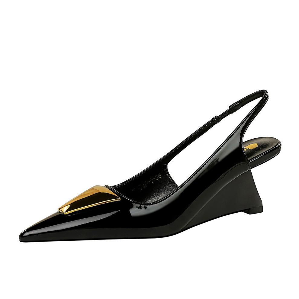 1097-K55 European and American women's shoes, high-heeled wedge heel patent leather hollowed-out rear strap, shallow mouth pointed metal decorative s