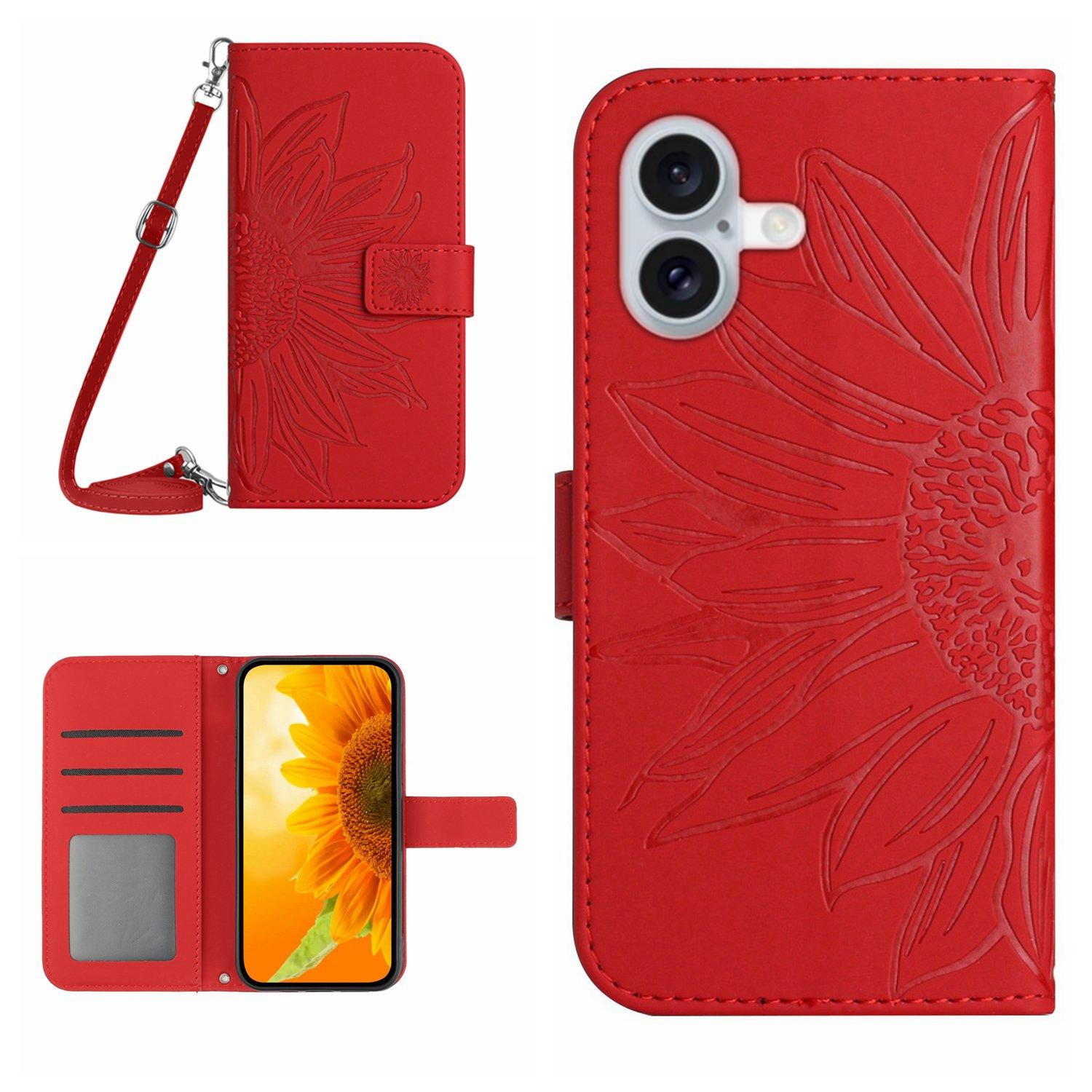 

HT04 For iPhone 16 Case Sunflower Skin-Feel Leather Phone Cover with Shoulder Strap