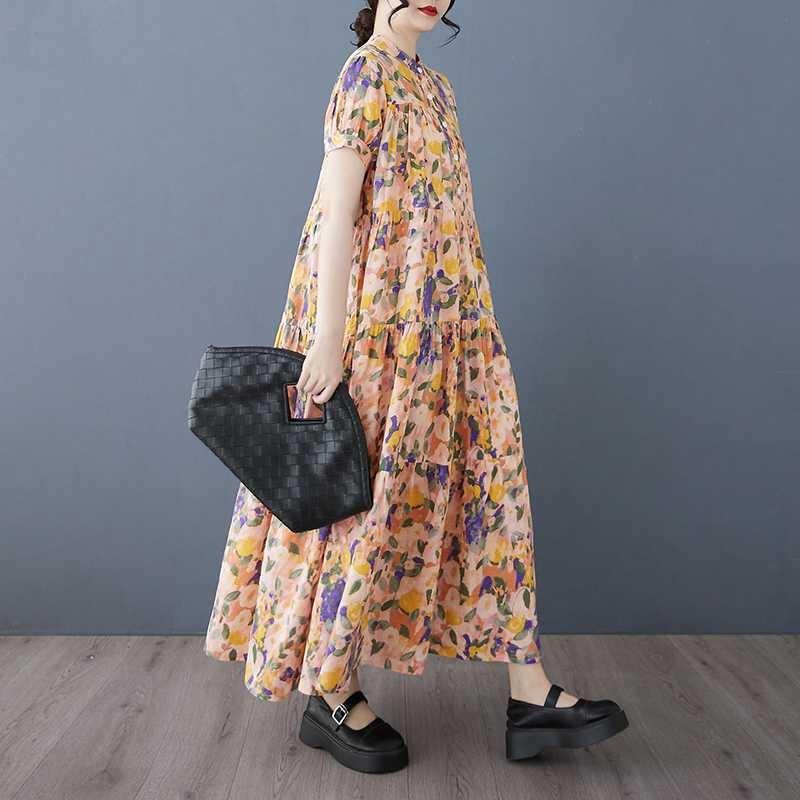 Cotton 2025 Summer Women's Loose Large Size Fashion Printed Long Dresses