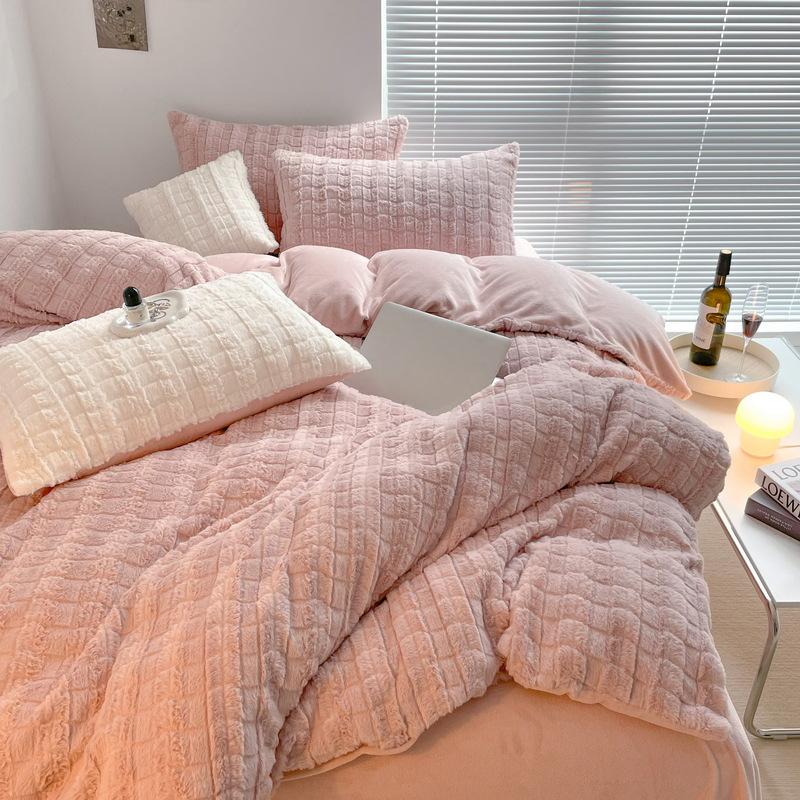 Solid Color Rabbit Hair Small Square Four-piece Set Milk Fleece Bed Sheet Thickened Quilt Cover Waffle Warm Three-piece Set