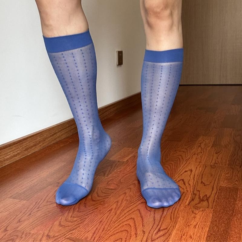 Men's Fashionable Sheer Over the Calf Long Socks Breathable See Through Dot Pattern Dress Suit Socks for Business Wear
