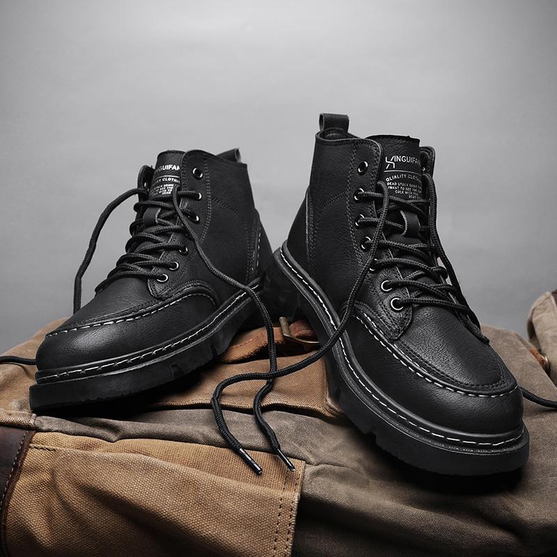 Men's 2024 Anti-Slip Soft Sole British Style Leather High-Top Boots, Work Boots, Martin Boots, Plus Velvet for Autumn and Winter.