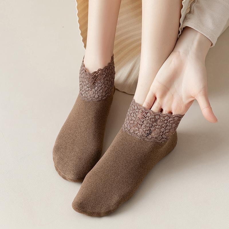 6pcs=3 Pairs Autumn Winter Women Soft Velvet Lace Socks Thick Silk Socks Non-Slip Bottom Solid Fashion Lace Breathable Sock
