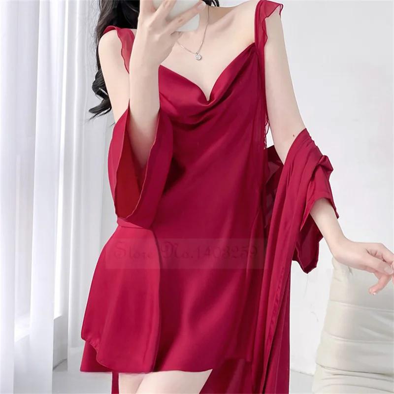 Dámská noční košile a župan Set Jaro Léto Nové Kimono Župan Noční košile Sexy Ledové Hedvábí Noční Prádlo Dvoudílný Set Volné Domácí Oblečení