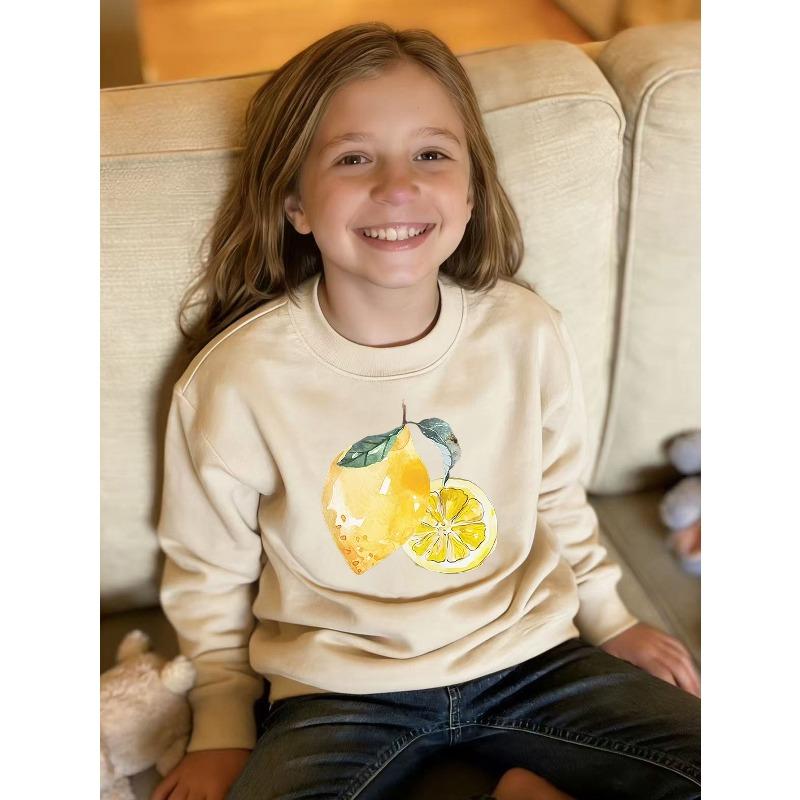 Kids Unisex Crewneck Sweatshirt, Watercolor Whole And Slice Lemon With Leaves Print Long Sleeve Pullover, Sweatshirt for Boys Girls Over 4 Years Old