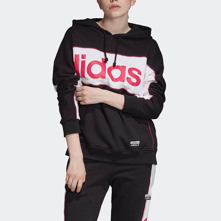 adidas Originals Langer Hoodie Großes Logo Amerikanischer Vintage Farbblock Kapuzenpullover Damen Hoodies Schwarz FH7564