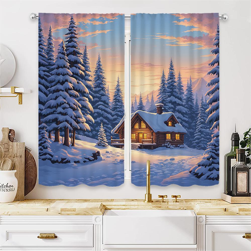Piece Set High Definition Digital Printed Curtainwinter Snowy Forest Cabin Warm Light Curtainshome Decoration St Curtain Polyester With Rod Pocket