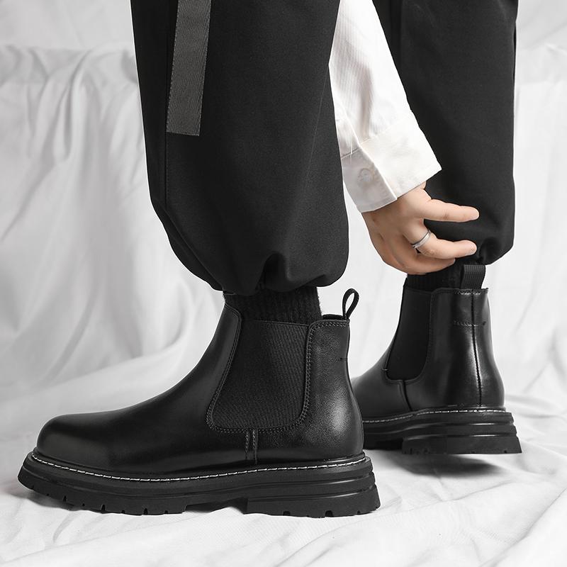 Fashion mens casual chelsea boots slip-on genuine leather shoes business office dress cowboy platform boot spring autumn ankle botas man
