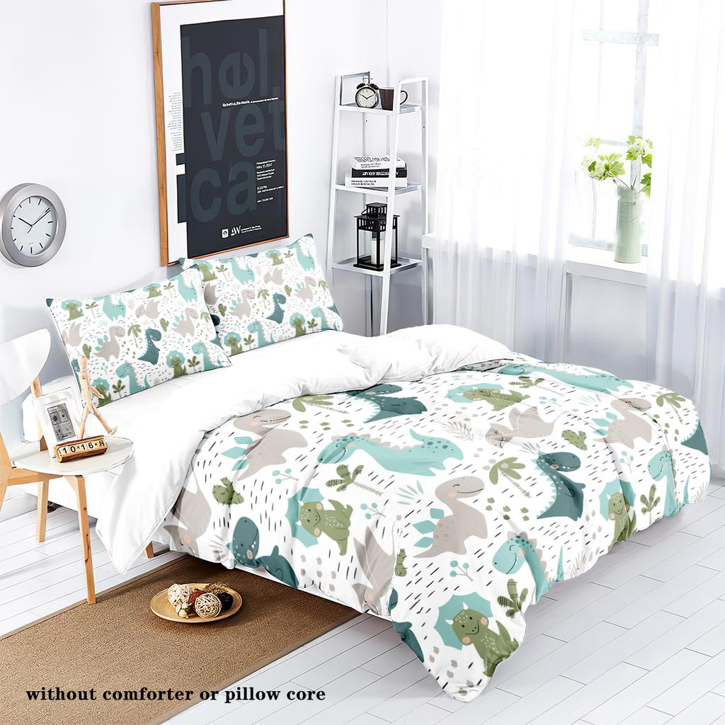 3-piece Down Duvet Cover Set with Cartoon Dinosaur Lion Pattern Print (1 Duvet Cover+2 Pillowcases, No Core) Soft Bedding Set