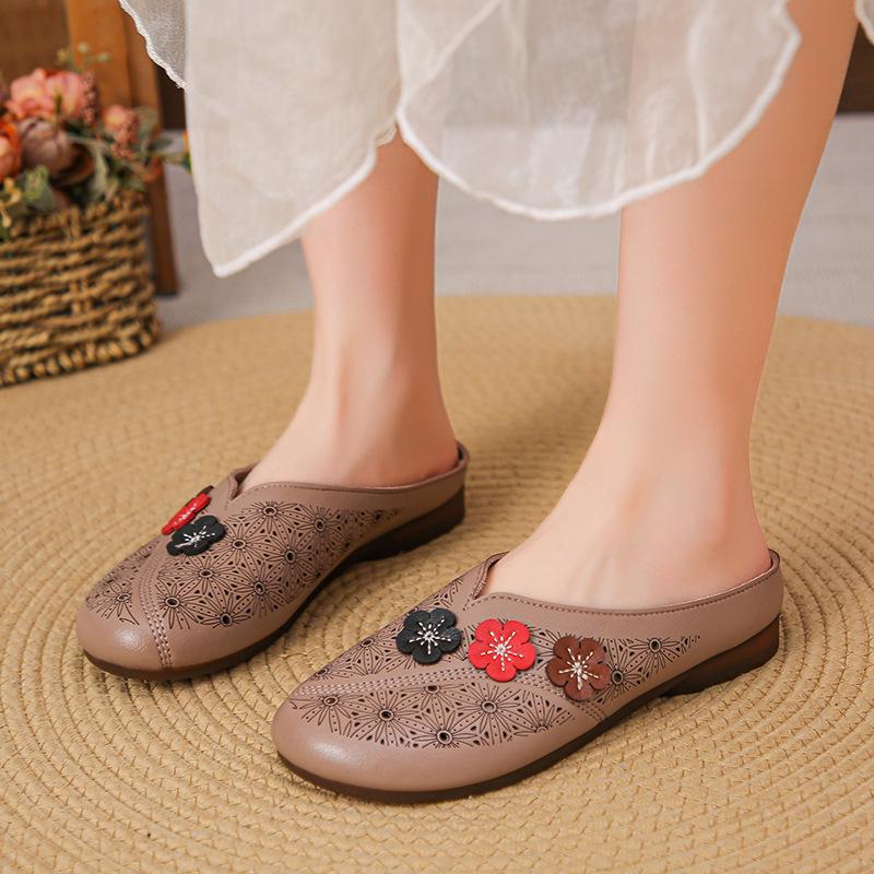 

Туфли-мюли с плоской мягкой подошвой и цветочным декором сбоку, женские мягкие удобные сандалии, дышащие повседневные туфли для женщины, нескользящие мюли с полуоткрытым носком 41 абрикосовый